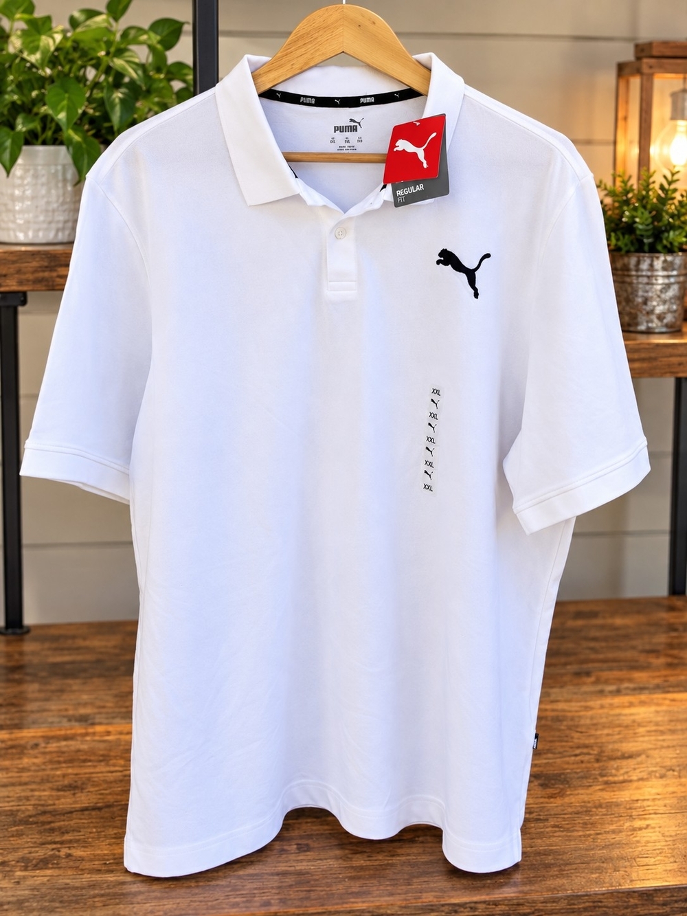 Puma Men's XXL White Essentials Pique Polo Shirt Black Cat Logo NWT Regular Fit